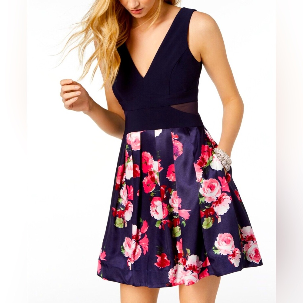 Xscapes navy dress with floral skirt and pockets